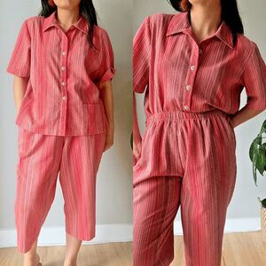 vtg 90s day set short sleeve‎ button down shirt short pants orange 12 14 Large